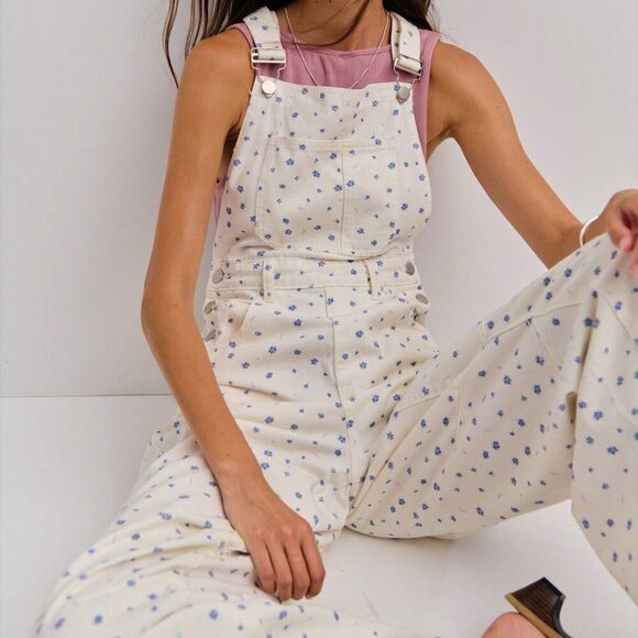 Multicolor Casual Women's ditsy Floral Print Wide-Leg Denim Overalls jumpsuit - Picture 1 of 8